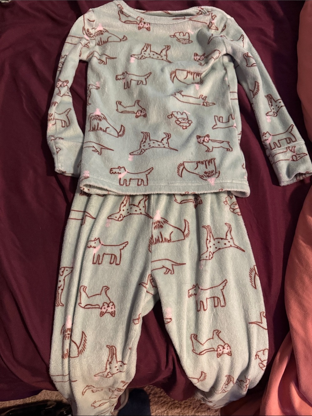 Cat & Jack Light Green Fleece Pajama Set with Red Dog Print